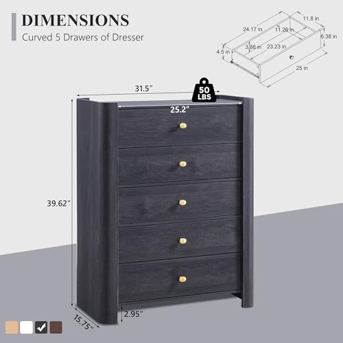IFGET Modern 5 Drawer Dresser for Bedroom, Wooden Chest of Drawers with Curved Profile Design, 39.6" Tall Wood Dresser with Golden Metal Handle for Bedroom, Living Room, Hallway, Dark Grey