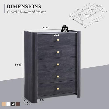 IFGET Modern 5 Drawer Dresser for Bedroom, Wooden Chest of Drawers with Curved Profile Design, 39.6" Tall Wood Dresser with Golden Metal Handle for Bedroom, Living Room, Hallway, Dark Grey