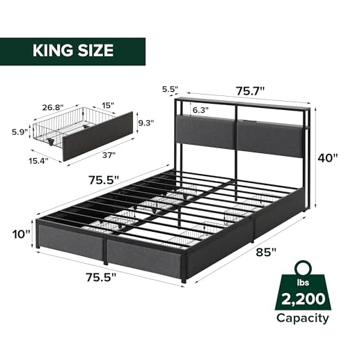 Zinus Michael Upholstered Platform Bed Frame, Four Underbed Drawers, King | Space-Saving Two-Tier Headboard Storage, Mood Setting RGB LED Lights, Built-in USB Charging Station, Ambient Night Light - size: King