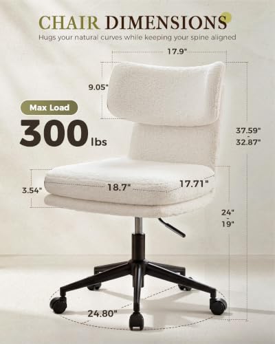 COMHOMA Vanity Chair with Ergonomic Curved Backrest, Home Office Desk Chair with Silent Wheel, Wide Seating Computer Chair for Girls Women Bedroom, Soft Teddy Fabric, White - color: White, Teddy Fleece