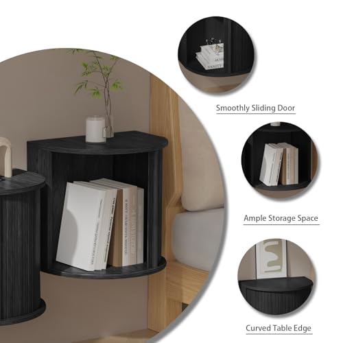Floating Nightstand Set of 2 with Sliding Roller Shutter Doors,Black-06 | Set of 2 Floating Nightstands,Smooth Sliding Roller Shutters Hide Clutter.Curved Rounded Edges,Space-saving. - color: Floating Nightstand-black