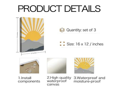 Frimeeme Modern Boho Sun Canvas Wall Art, Set of 3, Yellow and Gray Mountain Sunrise, 12x16 Inch Each, Framed - color: Framed - Sun Canvas Wall Art, size: 12"L x 16"W x 3Pieces