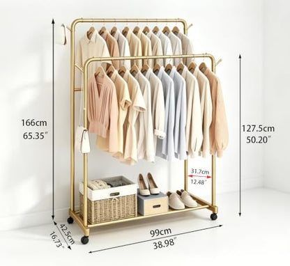 AT-VALY Double Rods Clothes Rack, Sturdy Metal Garment Rack with Wheels, Portable Wardrobe Rack with Bottom Shelf & Side Hooks, Heavy Duty Coat Hanger Stand for Bedroom, Laundry, Living Room,Gold