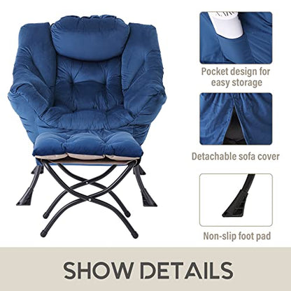 Lazy Chair with Ottoman, Comfy Accent Reading Chair, Velvet RoyalBlue | Foldable Footrest,Removable Cover,with Armrests and Side Pockets,Upholstered Lounge Chair for Bedroom,Dorm,Office,Small Space - color: Velvet Royalblue