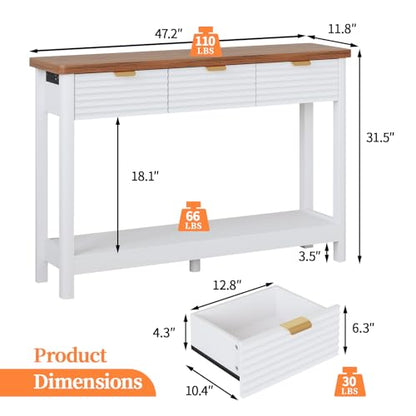 Fluted 47.2" Console Table with Outlets and USB C, Narrow Entryway Table with 3 Drawers, Modern Farmhouse Wood Sofa Table Behind Couch for Living Room, White & Walnut - color: Entryway Table-white