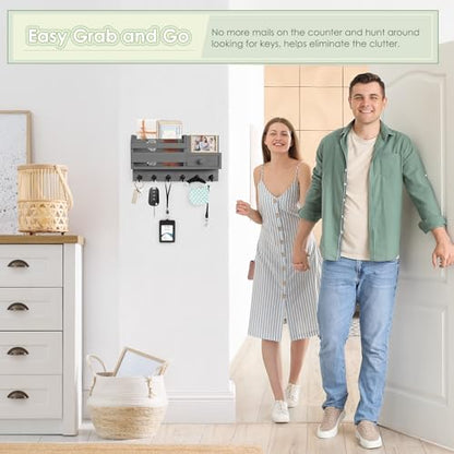 VIS'V Key Holder Wall Mount, Wooden Mail and Key Organizer, Gray | Contains Little Drawer, Small Shelf, 2 Slots, 6 Hooks, for Entryway, Hallway, Doorway, Kitchen, Garage, RV - color: Gray