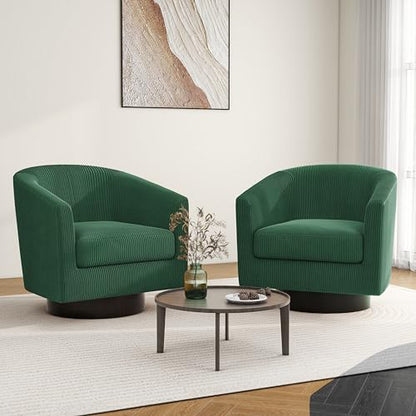 Swivel Barrel Accent Chair, Comfy Reading Armchair, Dark Green, Set of 1 | Club Chairs for Adults, Low-Back Design, Modern Round Style, Solid Wood Frame & Metal Swivel Base, For Living Room & Bedroom - color: Dark Green