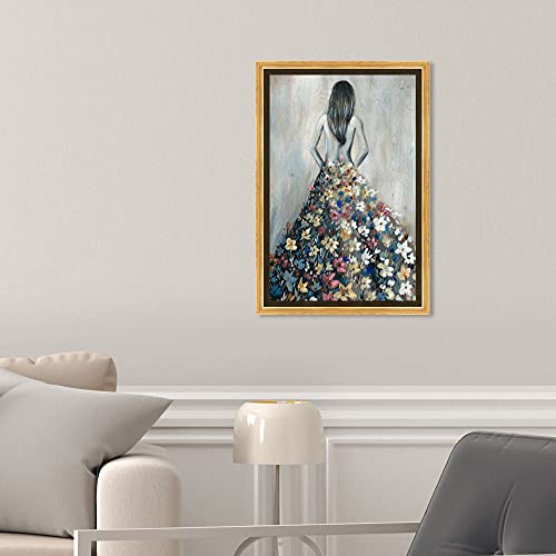 Oliver Gal Girl with Flower Thoughts Canvas Print Wall Art for Living Room, Bedroom, and Bathroom, 10" x 15", Gold Floater Frame - color: Gold Floater Frame, size: 15"L x 10"W