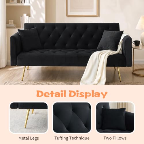 71" Modern Velvet Sofa Bed Futon, Convertible Sleeper Couch, Adj. Backrest (Black-Velvet) - color: Black-velvet