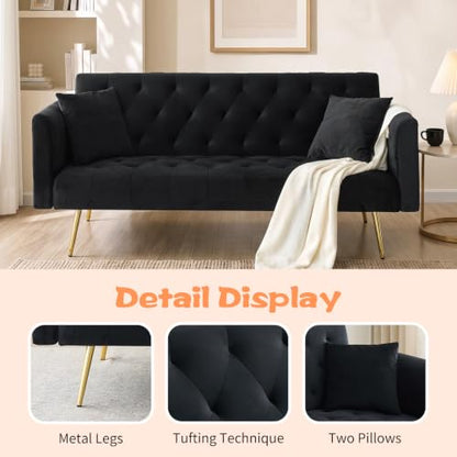 71" Modern Velvet Sofa Bed Futon, Convertible Sleeper Couch, Adj. Backrest (Black-Velvet) - color: Black-velvet