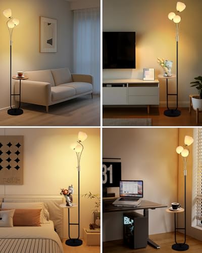 Lightdot 65IN Floor Lamp with Tray Dimmable LED Floor Lamps with 3000K Bulbs Included, Unique Metal Pole Mid Century Modern Tall Standing Lamp for Living Room/Bedroom/Sofa Beside/Corner Decor - color: 1 Flower and 2 Globe-Gold-Black