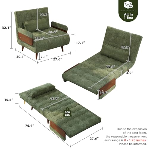 JASIWAY 28" Mid-Century Convertible Sofa Chair Bed Sleeper for Adult, Futon | Space Saving, Sturdy Green Chenille Convertable Guest Bed with Adjustable Backrest, Folding Sofa Chair with Walnut Armrest - color: Mid-century Green, size: 27.6" W Sleeper Chai