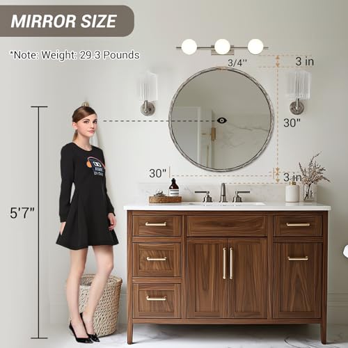 30 Inch Bathroom Hammered Round Mirrors, Silver Hand-Forged Circle Wall Mirrors with Metal Frame, Antique Round Mirror for Wall, Livingroom, Entryways, Solid Steel, Anti-Rust - color: Silver, size: 30"L x 30"W