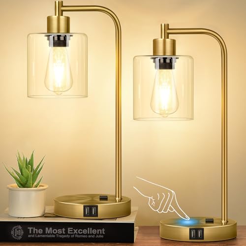 Nintiue Industrial Touch Table Lamps Set of 2-2 USB Ports & AC Outlet Nightstand Lamps, 3-Way Dimmable Bedside Desk Lamp for Living Room Bedroom, Glass Shade & 2 LED Bulbs Included - Brass - color: Brass(2 pack) - Clear Glass-Touch Control