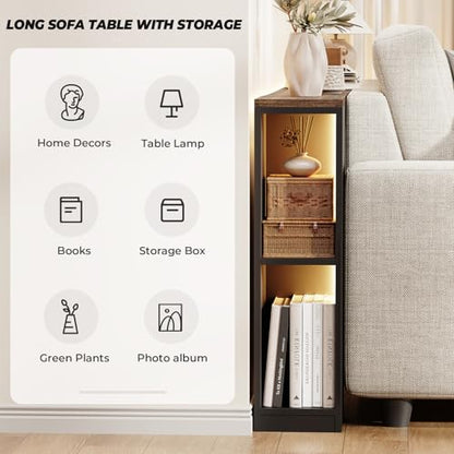 BROTTAR 79" Long Behind Couch Table with LED Lights and Power Outlet, Brown | Industrial Behind Sofa Table with Bookcase & Human Body Sensor, Skinny Console Table with Storage for Living Room