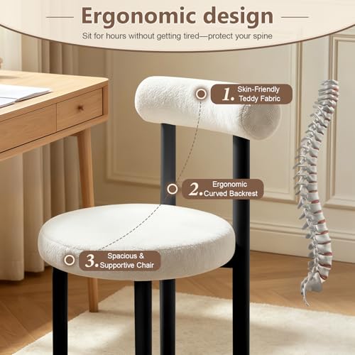 Cute Small Armless Desk Chair, Ergonomic Comfy Vanity Chairs Lumbar Support with Back for Makeup, Teddy Fabric Computer Desk Chair for Home, Bedroom, Vanity, Teens, Adults - color: Black and White