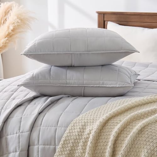 EMME Quilts Twin Size Bedding Sets, Light Grey Bedspread Soft Pre-Washed Quilt Winter Bed Sets, 2 Piece Cozy Reversible Microfiber Bed Coverlet with Pillow Sham (Square Pattern,66"x90") - color: 04-light Grey (Squares Pattern), size: Twin/Twin XL(66" x 90