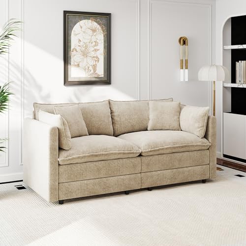 Aoowow Modular Sectional Sofa Modern Convertible Loveseat Couch,77.16 Inch Deep 2-Seater Sofas Comfy Chenille Cloud Sofas and Couches with Pillows for Living Room Apartment（Camel） - color: Camel, size: 2 Seat