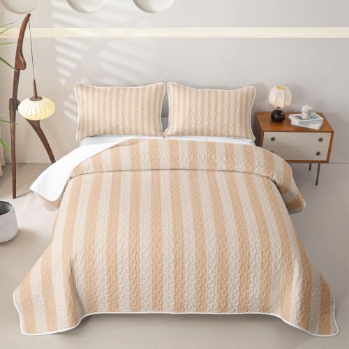 Geometric Stripes Quilted Bedspread Full Size,Modern Classic Line Patchwork Quilt Bedding Set,Mid Century Minimalist Bed Covers for All Season,Beige Quilted Coverlet 3 Pieces,2 Pillowcases - color: Beige, size: Full