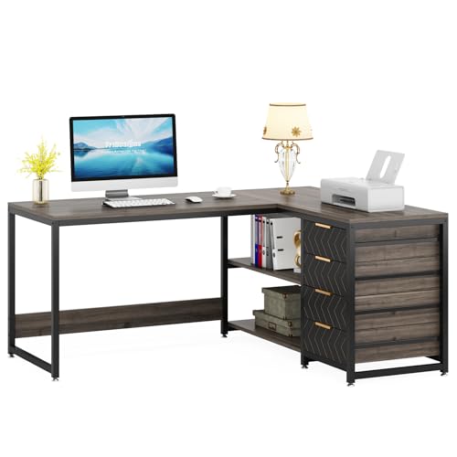 LITTLE TREE 59-Inch L Shaped Desk with Drawers, Large Computer Desk with Storage Shelves, Reversible L-Shaped Corner Desk Workstation for Home Office - color: Grey