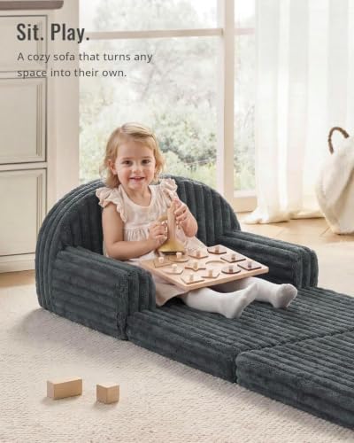 Blissful Diary Kids Couch, 2-in-1 Soft Kids Sofa, Kids Sofa Chair, Comfy Kids Furniture for Playroom, Reading & Play, Fuzzy Dark Gray - color: Fuzzy Dark Gray