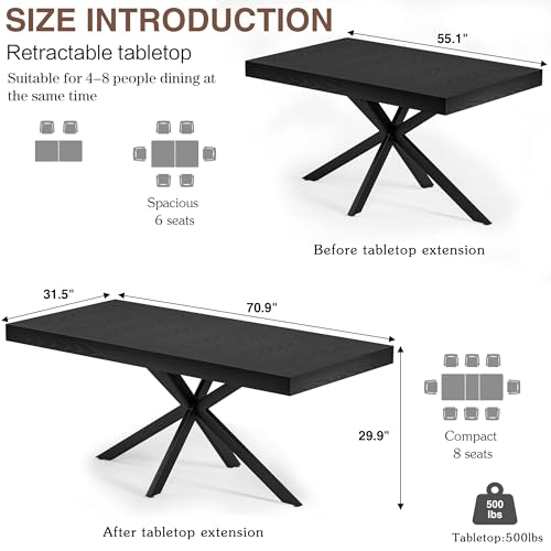 Extendable Dining Room Table for 4 6 8,55"-70" Kitchen Table Leaf,Black | Expandable Rectangle Dining Table,Wood Dining Table w/ Hidden Leaf & Storage, Space Saving, Kitchen Dining Living Room,Modern - color: Fba-removable Leaf 55"-71" Natural Black