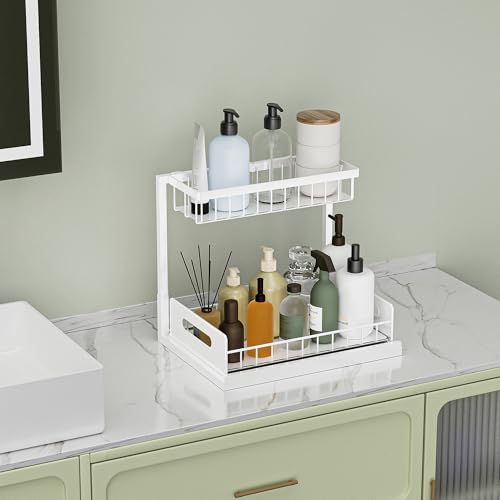 Under Kitchen Sink Organizer 2 Tier, Pull Out Bathroom Sink Organizers and Storage, Cabinet Kitchen Bathroom Storage Organization Shelf, 2 Pack White