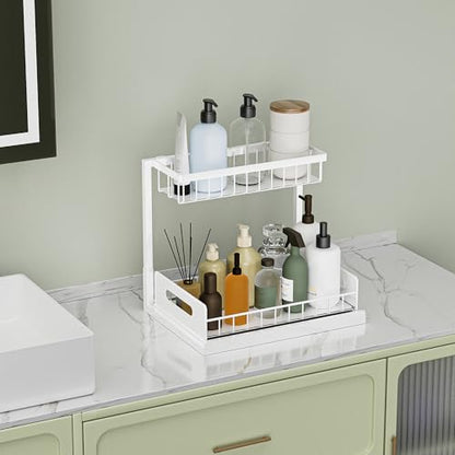 Under Kitchen Sink Organizer 2 Tier, Pull Out Bathroom Sink Organizers and Storage, Cabinet Kitchen Bathroom Storage Organization Shelf, 2 Pack White
