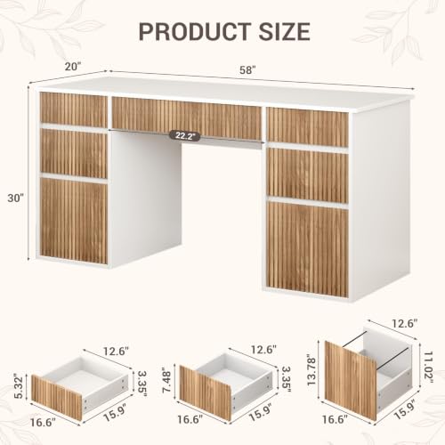 White Desk with Drawers, 58 Inch Executive Desk with File Cabinet | 7 Storage Drawers, Modern Fluted Design, Handleless Drawers, for Bedroom, Study Room, Home Office - color: White and Walnut, size: 58 Inch