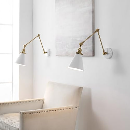 JONATHAN Y Rover 1-Light Wall Sconce 7", White/Brass Gold, Set of 2 | Adjustable Arm, Hardwired Bedside Reading Swing Arm, Farmhouse Cone Shade, Metal Hardwired Indoor Fixture, LED Bulbs Included - color: White/Brass Gold, size: Set of 2