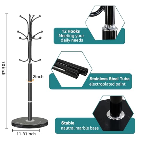 OIRUMIE Coat Rack,Coat Rack Stand with 12 Hooks,Coat Tree Stand for Corner | Coat Rack Freestanding with Natural Marble Base,Black Modern Coat Clothes Hall Tree Hanger Stand for Hallway,Entryway - color: Black-12 Hooks