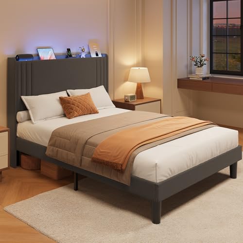 Gizoon Full Bed Frame with Charging Station and LED Lights | Upholstered Wingback Platform Bed with Padded Headboard,Wooden Slats,Noise-Free,No Box Spring Needed, Easy Assembly,Dark Grey - color: Dark Grey+led, size: Full