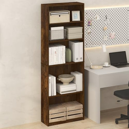 Furinno Jaya Simply Book Shelf, 5-Tier Bookshelf, Bookcase with Adjustable Shelves, 9.5 x 24.5 x 71.2, for Living Room, Bedroom, Home Office, Amber Oak - color: Amber Pine, size: 5-Tier, 9.5 x 24.5 x 71