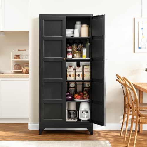 Metal Storage Cabinet with 2 Doors and 4 Adjustable Shelves - 71" Black Kitchen Pantry Storage Cabinet,4-Tier Tall Steel Cabinet Locker for Living Room,Dining Room,Kitchen - color: Black, size: 71"- 4 Adjustable Shelves-A