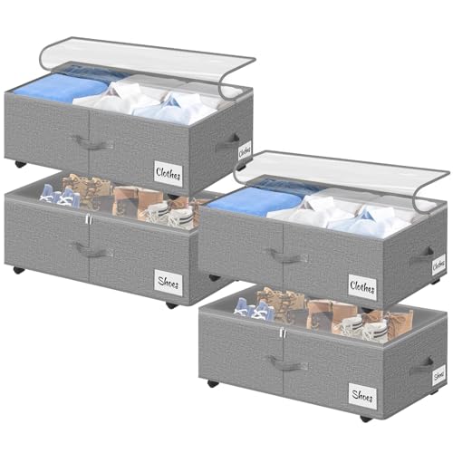 Under Bed Storage with Wheels, 4-Pack 10" Height XXL 75L Rolling Storage Bins, Quick Assembly Underbed Shoe Storage Containers with Clear Lid & Label, Dorm Under Bed Drawers for Clothes, Shoes, Grey - color: Grey-4 Pack, size: 10 Inch Tall - Clear Lid