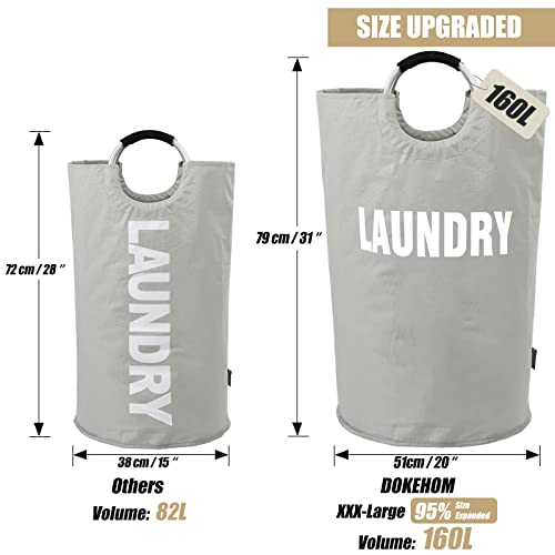 DOKEHOM 160L XX-Large Laundry Basket (7 Colors), Collapsible Laundry Bag, Foldable Laundry Hamper, Folding Washing Bin (Grey, XXL) | Freestanding tall washing bin & foldable laundry bag. Extra large clothes storage basket with durable sturdy handles - col
