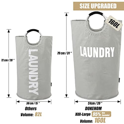 DOKEHOM 160L XX-Large Laundry Basket (7 Colors), Collapsible Laundry Bag, Foldable Laundry Hamper, Folding Washing Bin (Grey, XXL) | Freestanding tall washing bin & foldable laundry bag. Extra large clothes storage basket with durable sturdy handles - col