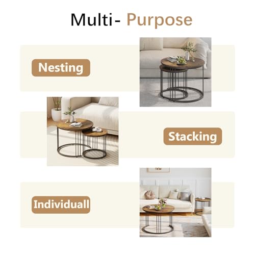 Nesting Coffee Table, 23.6" Round Coffee Table Set of 2, Wooden Nesting Table with Metal Frame, Ceter Tables for Living Room Bedroom Balcony, Rustic Brown - color: Rustic Brown