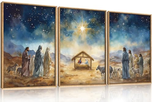 LHIUEM Large Bible Christian Religious Framed Canvas Wall Art Set,Birth of Jesus Nativity Wall Decor,Christmas Mary and Joseph Artwork for Living Room,Bedroom,Dining Room,Office -16"x24"x3 - color: Birth of Jesus Wall Art, size: 24"L x 16"W