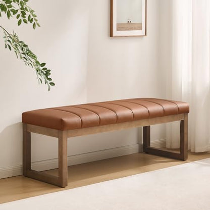 52.7" Bedroom Bench for End of Bed, Faux Leather Entryway Bench (Brown-PU) | Modern Upholstered Dining Bench & Footrest Stool Bench with Solid Wood Frame for Bedroom, Living Room - color: Brown-pu