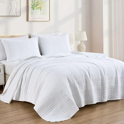Chezmoi Collection Kingston Queen Size Bedspread Set, 3-Piece White Oversized Quilted Microfiber Lightweight Bedspread Coverlet (100"x106") for All Seasons - color: White, size: Queen
