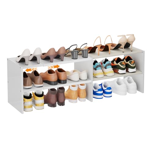 X-cosrack Long White 11.02″Shoe Rack for Closets, Stackable and Expandable Shoe Organizer, Suitable for Entryways, Garages, Storage Shelves Made of MDF, Oxford Cloth and Iron - size: 1 Pack 2 Tier Long