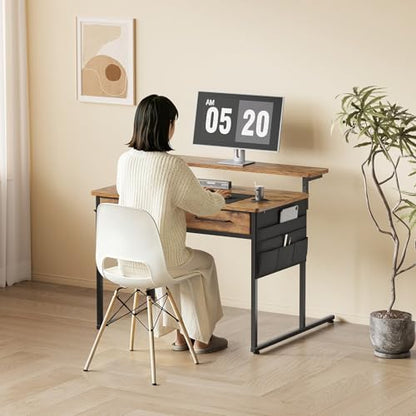 Small Desk with Drawers, 31.5X15.8-22.9 Inches Office Computer Desk with Side Pocket & Ergonomic Monitor Stand, Writing Table for Small Spaces, Bedroom, Kids Desk, Vanity Desk, Rustic Brown
