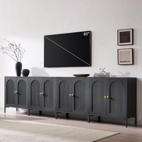 IFBUY 123.5" W Mid Century Modern TV Stands for Living Room, Dark Grey | Wood Entertainment Center w/Adjustable Shelves, Media Console w/Arched Fluted Doors, Entryway Cabinet Fits 80, 85, 95 Inch TV - color: Grey, size: 15.75"D x 123.5‬"W x 34"H