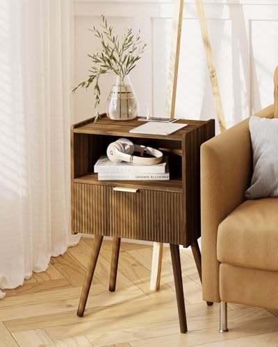 Nightstand with Outlet,Modern Bedside Table with Storage Drawer and Open Wood Shelf, for Living Room, Bedroom and Small Spaces, Accent Night Stand with Solid Wood Legs, Easy Assembly,Brown - color: Walnut Brown-outlet