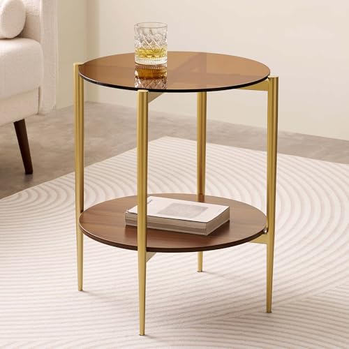 LumFurn D18in Round Glass End Table, Mid-Century Modern Design Side Table for Living Room, D18xH23inch, Amber Glass and Walnut MDF Wood, Conical Legs with Gold Finish Frame - color: D18" Amber & Walnut