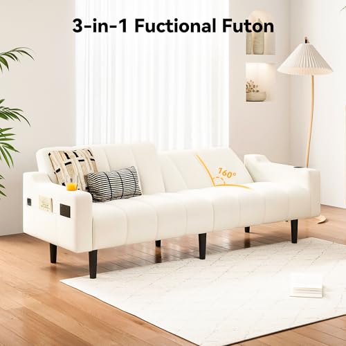 80'' Futon Sofa Bed,Faux Leather Futon Sleeper Sofa, Convertible Loveseat with Adjustable Sofa Backrest,Modern Couches for Living Room, Bedroom, Apartment, Office (Beige) - color: Faux Leather Beige