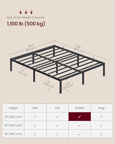 VASAGLE Queen Metal Bed Frame 14 Inches Tall, 1100 lb Weight Capacity, No Box Spring Needed, with Under-Bed Storage, Easy Setup, Heavy-Duty Platform Bed, Mattress Retainers, Matte Black URMB651BD02S - size: Queen, style: 14 Inch