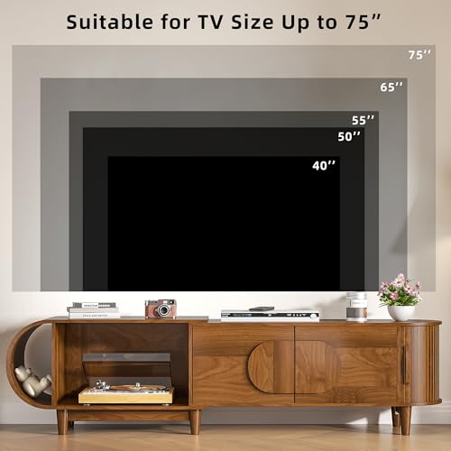 Small Extendable TV Stand for 40-75 Inches TVs, Entertainment Center | Media Console Table with Storage, 3 Cabinets, for Living Room & Bedroom, Modern, Mid Century, Walnut, 46.85" W-66.93" W