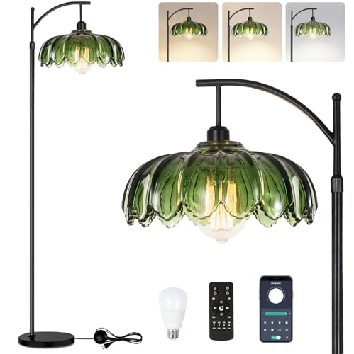 QIYIZM Gold Floor Lamp for Living Room,Bedroom,Standing Lamp with Remote Dimmable Brass Tall Lamp Vintage Retro Mid Century Modern Floor Lamps Arc Green Glass Flower Lamp Floor Light Boho Bohemian - size: Floor Lamp--5